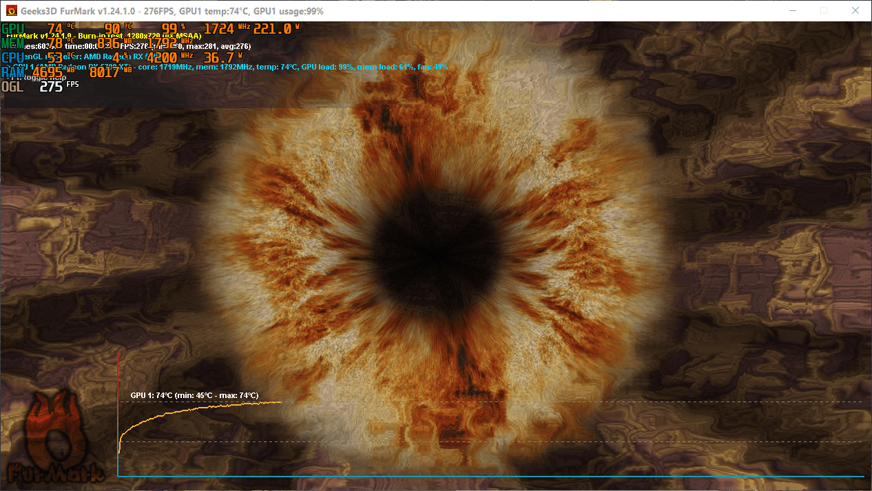 2021-01-01 19_56_50-Geeks3D FurMark v1.24.1.0 - 276FPS, GPU1 temp_74°C, GPU1 usage_99%.png