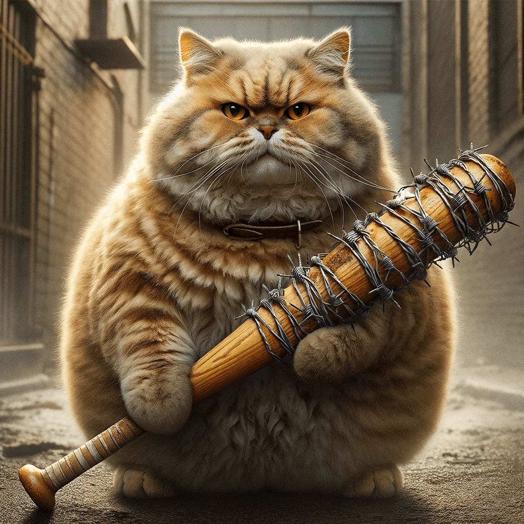 DALL·E 2024-01-28 12.28.28 - A menacing, chubby, sand-colored cat holding a wooden baseball ba...png