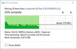 SMR/CMR Artikel WD Red 6 TB WD60EFAX beim Schreiben. Teil 1. Die Transferrate pendelt zwischen 216 MB/s ...