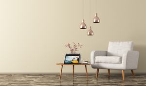 Modern living room interior with wooden coffee table,white armchair and copper lamps 3d rendering