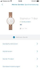 Den Batteriestand der Skagen Signatur T-Bar zeigt die Skagen-Connected-App ebenso an wie auch - dank Finden-Funktion - die groben Entfernung zwischen Smartphone und Uhr