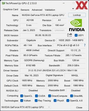 GPUz und CPUz des Gigabyte AERO 16 (2023)