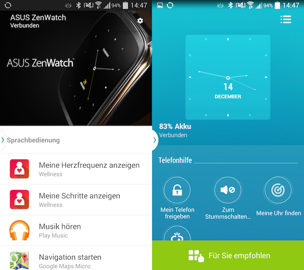 Googles Android-Wear-App links, ASUS' ZenWatch Manager rechts