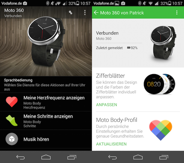 Links Googles Companion-App, rechts Motorolas Programm