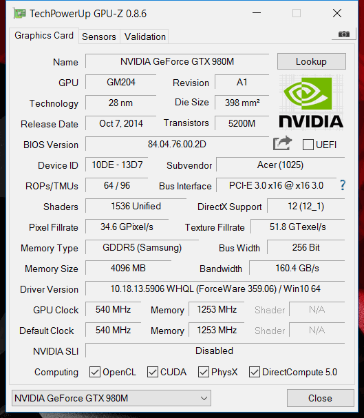 acer predator 15 gpuz