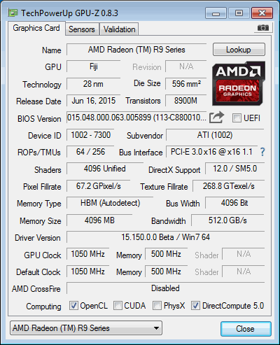 GPU-Z-Screenshot der AMD Radeon R9 Fury X