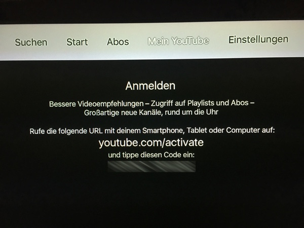 Vereinfachter Login bei YouTube auf dem Apple TV