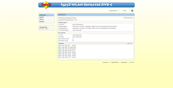 Für die Konfiguration des FRITZ!WLAN Repeaters DVB-C steht die bekannte AVM-Oberfläche bereit