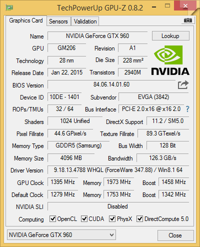 GPUz-Screenshot der übertakteten EVGA GeForce GTX 960 SSC mit 4 GB.