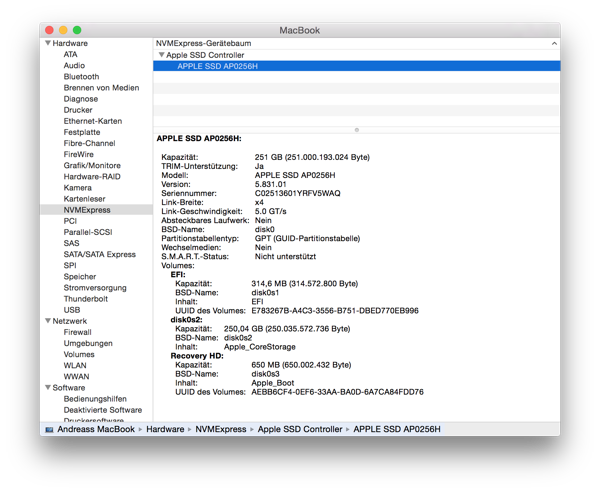 Die von Apple verbaute SSD im System-Profiler