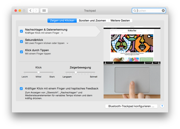 Einstellungen zum Force-Touch-Trackpad