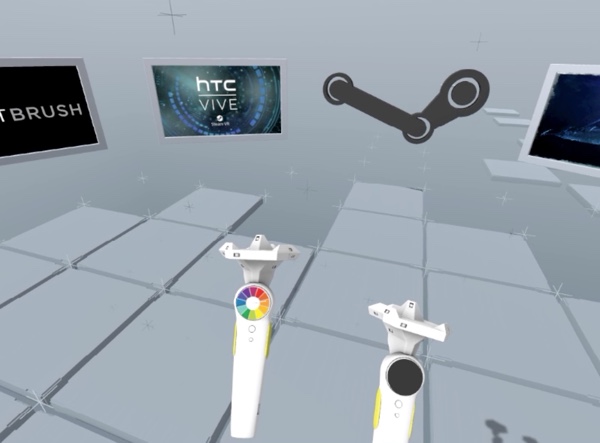 HTC Vive mit virtueller Controller-Darstellung im Trainingsprogramm