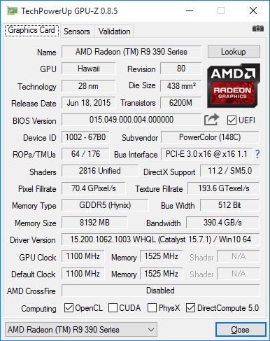 GPU-Z-Screenshot der PowerColor Devil Radeon R9 390X