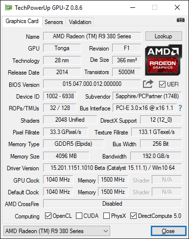 GPU-Z-Screenshot zur Sapphire Radeon R9 380X Nitro