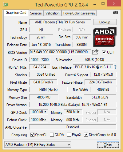 GPU-Z-Screenshot der ASUS Radeon R9 Fury Strix