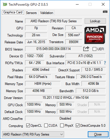 GPU-Z-Screenshot zur Radeon R9 Nano