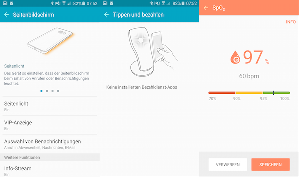 Wenige Einstellungen für den Seitenbildschirm, fehlende Bezahldienste und S Health mit Messung von Puls und Sauerstoffsättigung