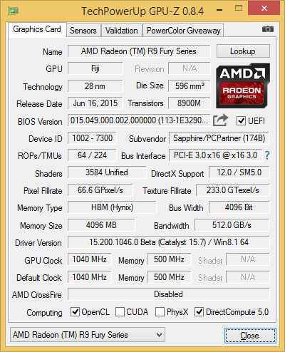 GPU-Z-Screenshot der Saphhire Radeon R9 Fury Tri-X OC