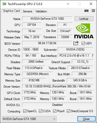 GPU-Z-Screenshot zur Zotac GeForce GTX 1080 AMP! Extreme Edition