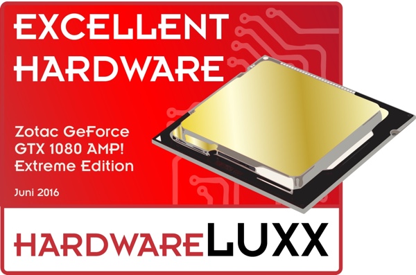 Aufgrund der sehr guten Leistung gepaart mit der guten Kühlung verleihen wir der Zotac GeForce GTX 1080 AMP! Extreme Edition den Hardwareluxx-Excellent-Hardware-Award