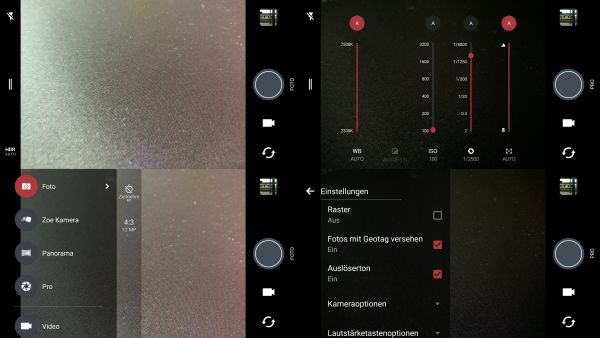 Die Kamera-App: Auto-Modus (oben links), Pro-Modus (oben rechts), Aufnahme-Modi und Einstellungen