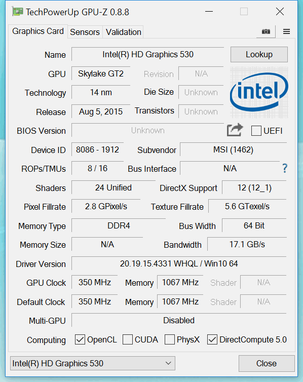 msi cubi2plus gpuz