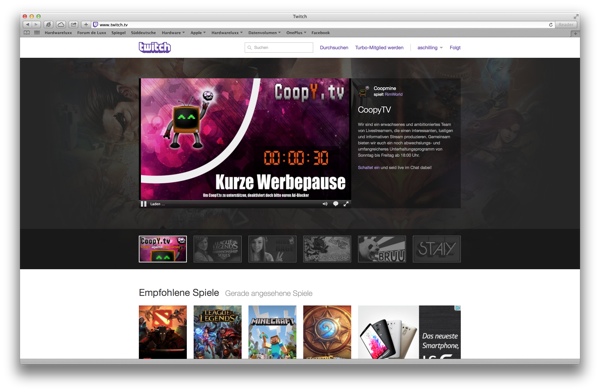 Aktueller Startscreen bei Twitch.tv