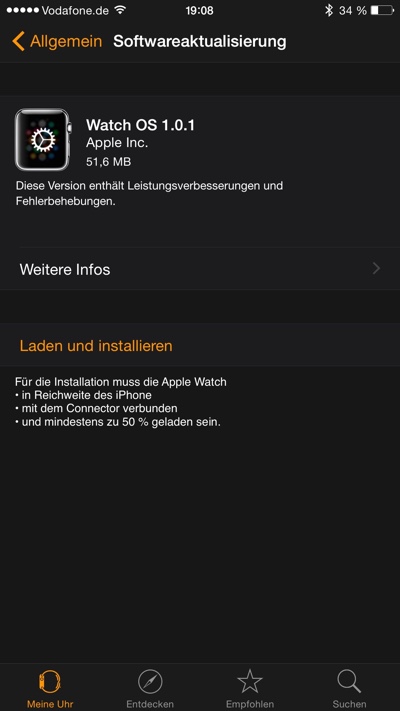 Apple Watch Update auf Watch OS 1.0.1