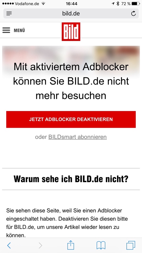 Ein Besuch von Bild.de mit aktiviertem Adblocker