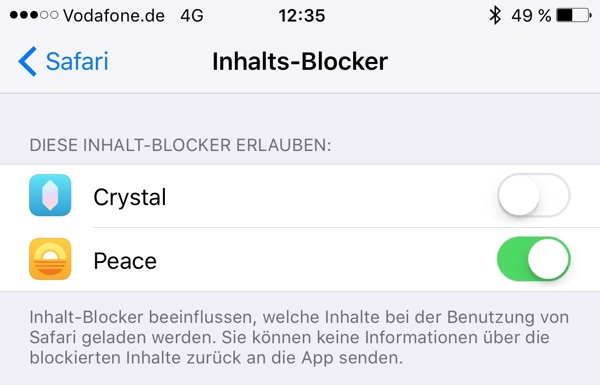 Einstellungen zu den Adblockern in iOS9