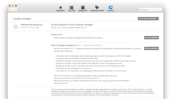 Update auf OS X El Capitan 10.11.1