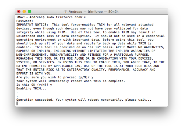 Aktivierung von TRIM unter OS X 10.10.4