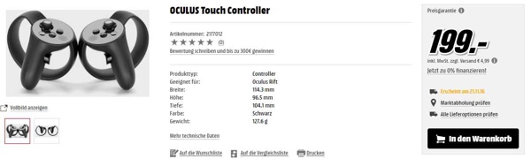 Oculus Touch bei Mediamarkt ab 21. November für 199 Euro