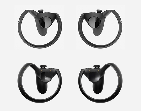 Oculus-Touch-Controller-Prototypen im Vergleich: Unten Half-Moon-Controller aus dem Jahre 2015 - oben Prototyp aus 2016