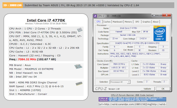 Intel Core i7-4770K auf über 7,08 GHz übertaktet.