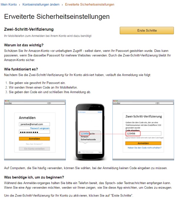 Amazon Sicherheitseinstellungen