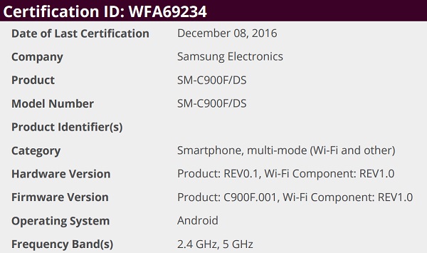 Samsung Galaxy C9 Pro WiFi Alliance