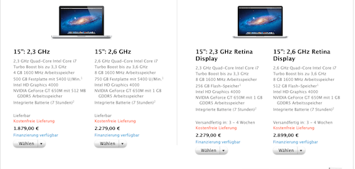 Apple Store: Verfügbarkeit MacBook Pro und Macbook Pro mit Retina Display am 18. 06. 2012