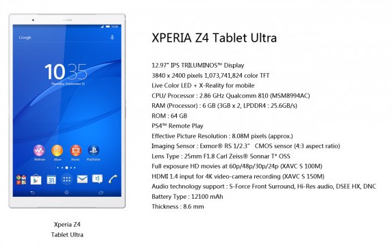 sony xperia z4 tablet ultra spec tech2