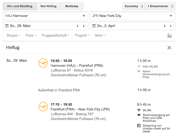 Googles Flugsuche zeigt nun auch Details zur Ausstattung an Bord an