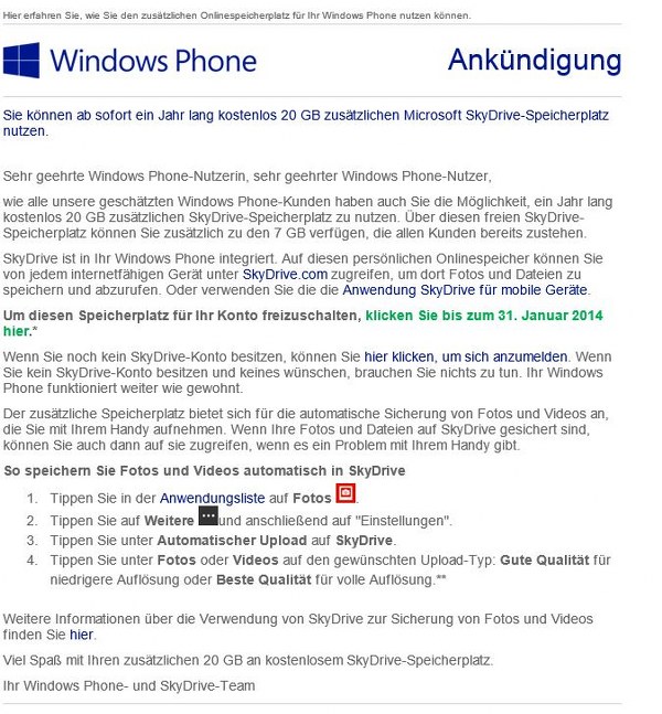 Skydrive Mail WindowsPhone